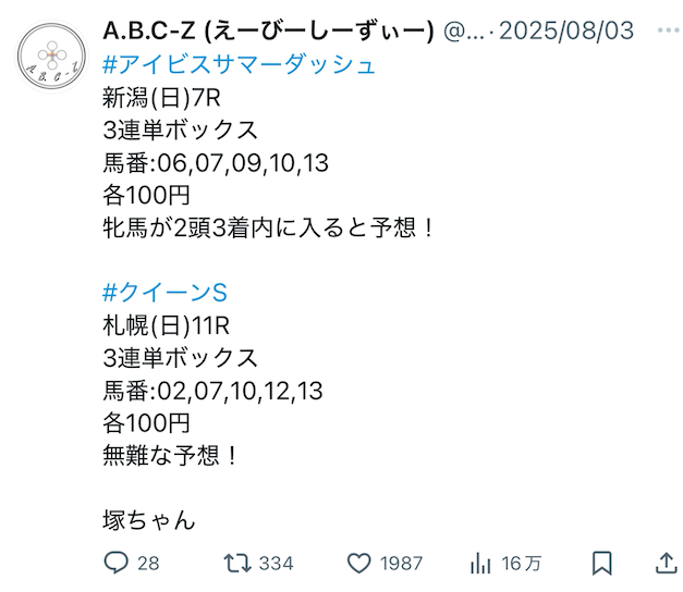 ABC-Z塚田僚一の札幌記念ツイッター
