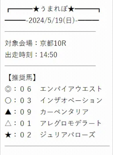 うまれぼ2024年05月19日買い目サンプル画像