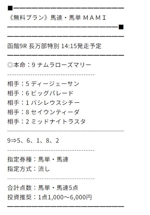 万馬券マスターズ2024年06月29日無料予想買い目画像