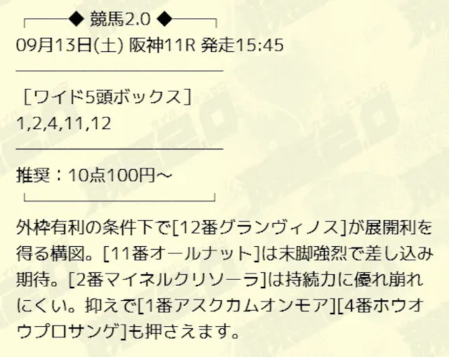 競馬2.0の無料予想の買い目2025年9月13日