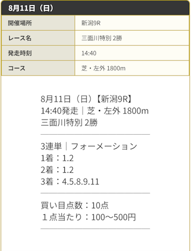 ディバインの買い目 2024年8月11日